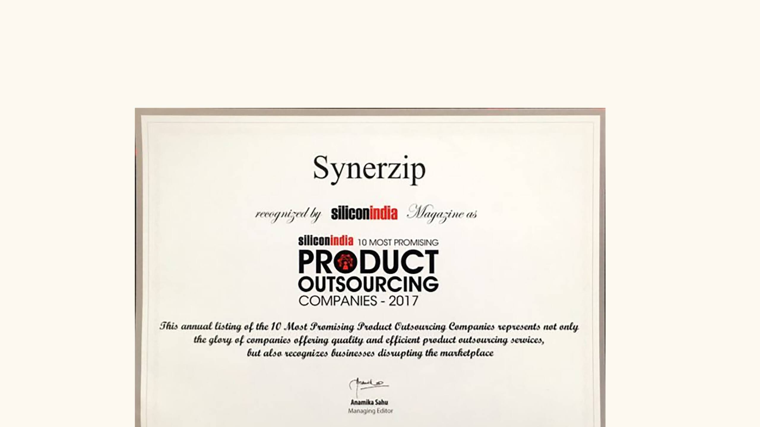Synerzip on Top 10 Promising Product Outsourcing Companies 2017 List by SiliconIndia